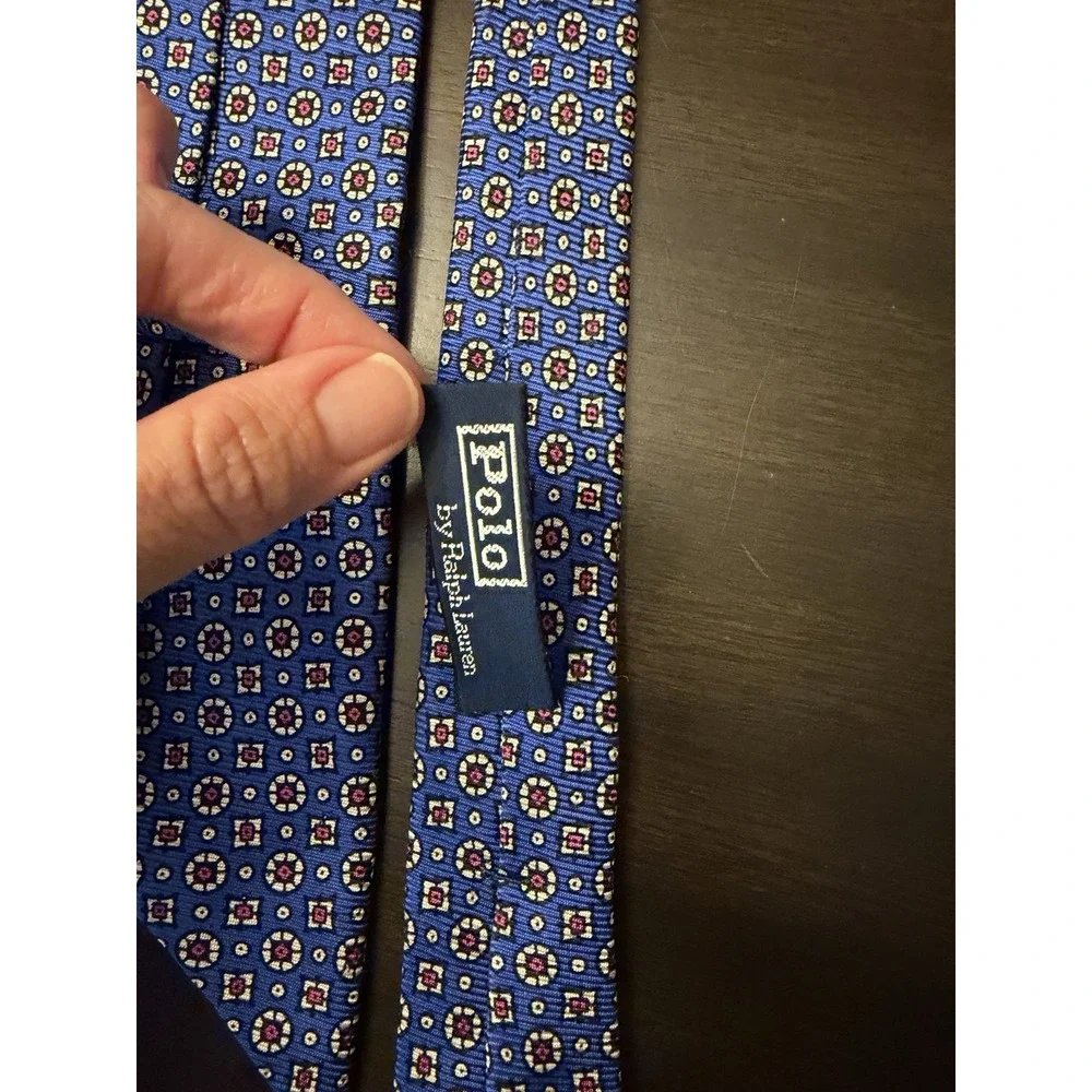 Vintage Polo Ralph Lauren Blue Geometric Medallion Silk Tie Made by Hand USA 90s